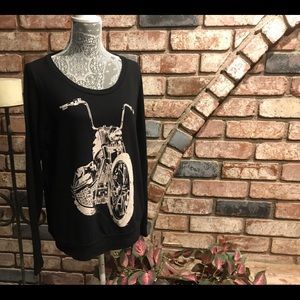 LAUREN MOSHI soft black sweater with motorcycle.